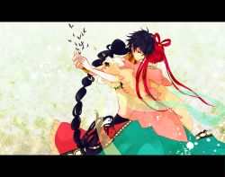 Rule 34 | 1boy, 1girl, black hair, braid, chinese clothes, deco (anemone888), hair ornament, hair rings, hanfu, jewelry, judal, letterboxed, long hair, lots of jewelry, magi the labyrinth of magic, midriff, red eyes, red hair, ren kougyoku, single braid