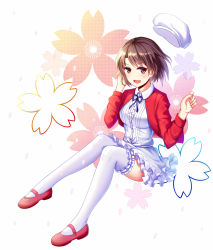 Rule 34 | 1girl, :d, blue ribbon, brown eyes, brown hair, dress, frilled thighhighs, frills, hand in own hair, highres, jacket, katou megumi, layered dress, meng xiao jiong, neck ribbon, open clothes, open jacket, open mouth, red footwear, red jacket, ribbon, saenai heroine no sodatekata, shoes, short dress, short hair, simple background, sitting, smile, solo, thighhighs, white background, white dress, white thighhighs
