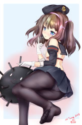 Rule 34 | 1girl, absurdres, arm warmers, azur lane, beret, black pantyhose, bomb, breasts, brown hair, collar, cross, dated, ebiko yaki, em (naval mine), explosive, gloves, hat, highres, iron cross, looking at viewer, mine (weapon), multicolored background, naval mine, navel, panties, panties under pantyhose, pantyhose, purple eyes, sailor collar, saliva, saliva trail, sideboob, signature, sitting, small breasts, smile, solo, twintails, underwear, white gloves, white panties, z35 (azur lane)