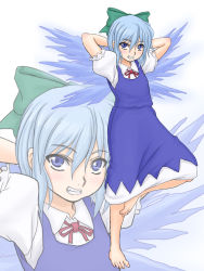 Rule 34 | 1girl, barefoot, blue eyes, blue hair, cirno, dress, feet, female focus, gradient background, grin, highres, kuro suto sukii, matching hair/eyes, shoot the bullet, smile, solo, standing, standing on one leg, touhou, white background, wings