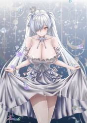 1girl absurdres artist_name bare_shoulders breasts cinderella_(glass_princess)_(nikke) cinderella_(nikke) closed_mouth collarbone commentary commission crown diamond_(gemstone) dress english_commentary goddess_of_victory:_nikke hair_over_one_eye highres large_breasts legs long_hair looking_at_viewer pixiv_commission ramiki_(ramesgoag) red_eyes smile solo twintails white_dress