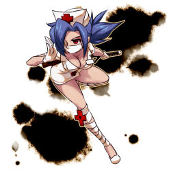 Rule 34 | 1girl, bandages, blue hair, breasts, choker, cleavage, cross, dress, eyepatch, gloves, hacksaw, hair over one eye, hat, large breasts, mask, mouth mask, name tag, nurse, nurse cap, ponytail, red cross, red eyes, running, saw, shimomoto, short dress, skullgirls, solo, surgical mask, valentine (skullgirls), weapon, white gloves