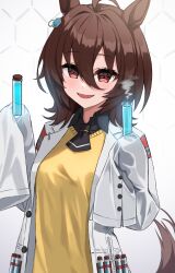 Rule 34 | 1girl, agnes tachyon (umamusume), ahoge, animal ears, bandolier, black necktie, blush, breasts, brown hair, chemical structure, coat, collared shirt, commentary, cork, earrings, hair between eyes, highres, holding, holding test tube, horse ears, horse girl, horse tail, jewelry, kuronosu (yamada1230), lab coat, looking at viewer, medium breasts, necktie, open clothes, open coat, open mouth, red eyes, shirt, short hair, simple background, single earring, sleeves past fingers, sleeves past wrists, smile, solo, sweater vest, tail, test tube, umamusume, upper body, very long sleeves, white background, white coat, yellow sweater vest