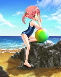 Rule 34 | 1girl, absurdres, bad proportions, ball, barefoot, beach, beachball, candy, cloud, cntrct, day, eating, food, fruit, green eyes, hair ornament, head rest, highres, lollipop, long hair, ocean, one-piece swimsuit, open mouth, original, outdoors, pink hair, ponytail, rock, school swimsuit, shiny clothes, skindentation, sky, smile, solo, strawberry, swimsuit, tongue, tongue out