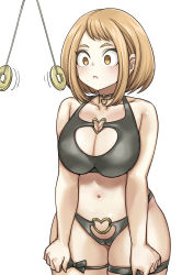 Rule 34 | 1girl, bare shoulders, bikini, blush, boku no hero academia, breasts, brown eyes, brown hair, cameltoe, choker, cleavage, cleft of venus, highres, hypnosis, large breasts, looking at viewer, mind control, navel, o-ring, o-ring bikini, o-ring bottom, o-ring top, parted lips, revealing clothes, short hair, shosho oekaki, solo, standing, stomach, thick thighs, thighs, uraraka ochako