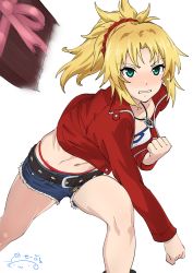 1girl belt blonde_hair blush clenched_hands cropped_jacket cutoff_jeans cutoffs denim denim_shorts fate/grand_order fate_(series) green_eyes highres incoming_gift jewelry mordred_(fate) mordred_(fate/apocrypha) mordred_(memories_at_trifas)_(fate) navel necklace nose_blush panties pink_ribbon ponytail red_background red_panties red_scrunchie ribbon scrunchie shorts solo suna_(sandworks) tearing_up throwing tsundere underwear valentine white_background