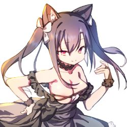 Rule 34 | 1girl, animal ear fluff, animal ears, areola slip, azur lane, bare shoulders, black dress, bow, breasts, brown eyes, brown hair, cat ears, cleavage, closed mouth, dress, hair between eyes, hair bow, hand on own hip, long hair, looking at viewer, medium breasts, nanaken nana, shigure (azur lane), shigure (the ballroom&#039;s lucky star) (azur lane), sidelocks, simple background, smile, solo, strap slip, twintails, white background, white bow