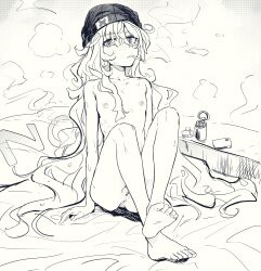 Rule 34 | 1girl, absurdres, anus, barefoot, beanie, breasts, censored, cigarette, cleft of venus, feet, female focus, hair between eyes, halftone, hat, highres, long hair, messy hair, monochrome, nipples, nude, on bed, original, pussy, sitting, skinny, small breasts, smoke, smoking, soles, solo, toes, very long hair, yes-no pillow, yodosumiori