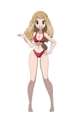 Rule 34 | 1girl, absurdres, bare arms, bare legs, barefoot, bra, breasts, brown hair, cleavage, collarbone, creatures (company), full body, game freak, grey eyes, hand on own hip, highres, legs, long hair, looking at viewer, lucyfer, medium breasts, navel, nintendo, open mouth, panties, pokemon, pokemon xy, red bra, red panties, serena (pokemon), simple background, smile, solo, standing, teeth, toes, tongue, underwear, underwear only, upper teeth only, white background, wide hips