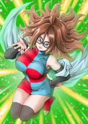 Rule 34 | 1girl, android 21, ankle boots, black-framed eyewear, black gloves, black nails, black thighhighs, blue dress, blue footwear, boots, breasts, checkered clothes, checkered dress, covered erect nipples, dragon ball, dragon ball fighterz, dress, earrings, elbow gloves, energy ball, eyelashes, fingernails, floating hair, foot out of frame, glasses, gloves, glowing, grey eyes, hands up, high collar, highres, hoop earrings, impossible clothes, jewelry, lab coat, large breasts, leg up, long hair, looking at viewer, nail polish, red dress, red footwear, red hair, short dress, simple background, sleeveless, sleeveless dress, smile, solo, tareme, teeth, thighhighs, two-tone dress, white background, young jijii