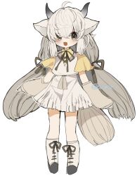 Rule 34 | 0v0xxx, 1girl, boots, bow, bowtie, brown bow, brown bowtie, brown eyes, collared shirt, detached sleeves, dress, frilled dress, frills, hair between eyes, hair over one eye, highres, kemono friends, knee boots, long hair, ox ears, ox girl, ox horns, ox tail, shirt, short sleeves, sidelocks, solo, t-shirt, twintails, white dress, white footwear, white hair, white sleeves, yak (kemono friends), yellow shirt