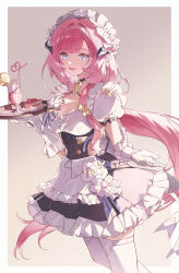 Rule 34 | 1girl, :d, absurdres, alternate costume, apron, blue eyes, border, breasts, cake, cake slice, chinese commentary, cleavage, cup, dress, drink, drinking straw, elf, elysia (honkai impact), enmaided, fake horns, food, frilled apron, frilled dress, frills, gao hai takami, gloves, highres, holding, holding tray, honkai (series), honkai impact 3rd, horns, long hair, looking at viewer, maid, maid apron, maid headdress, official alternate costume, open mouth, pink hair, pointy ears, ponytail, short sleeves, smile, solo, thighhighs, tray, white border, white gloves, white thighhighs