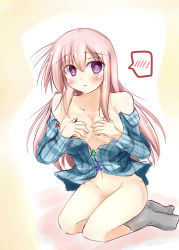 Rule 34 | 1girl, absurdres, bad proportions, bare shoulders, bottomless, breast hold, breasts, covering privates, covering breasts, dress shirt, hata no kokoro, highres, kuzumomo, long hair, looking at viewer, navel, off shoulder, open clothes, open shirt, pink hair, plaid, plaid shirt, purple eyes, shirt, solo, spoken blush, star (symbol), touhou, triangle