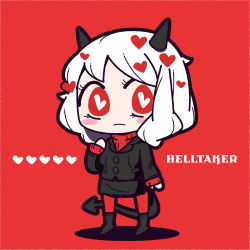 Rule 34 | 1girl, bad id, bad pixiv id, black footwear, black jacket, black skirt, blush stickers, boots, chibi, closed mouth, copyright name, demon girl, demon horns, demon tail, formal, heart, heart-shaped pupils, helltaker, highres, horns, jacket, knee boots, looking at viewer, miniskirt, modeus (helltaker), pantyhose, red background, red eyes, red pantyhose, red sweater, skirt, skirt suit, solo, suit, sweater, symbol-shaped pupils, tail, white hair, yukiyuko