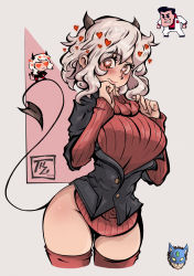 Rule 34 | 1boy, 1girl, absurdres, black horns, black shirt, black tail, blush, breasts, chibi, chibi inset, commentary, curly hair, demon girl, demon horns, demon tail, english commentary, grey hair, hamza touijri, heart, heart-shaped pupils, helltaker, helltaker (character), highres, horns, lips, long sleeves, looking at viewer, medium breasts, modeus (helltaker), no pants, nose blush, partially unbuttoned, red eyes, red legwear, red sweater, ribbed sweater, ringed eyes, shirt, solo focus, standing, sweater, symbol-shaped pupils, tail, thighs, turtleneck, turtleneck sweater