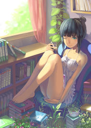 Rule 34 | 1girl, aqua hair, barefoot, book, bookshelf, chair, curtains, dress, earphones, feet, green eyes, highres, holding, indoors, legs, long legs, madyy, one eye closed, original, plant, potted plant, sitting, solo, thighs, toes, window, wink