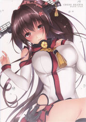 Rule 34 | 1girl, absurdres, anchor, ayase hazuki, bare shoulders, black thighhighs, blush, breasts, brown hair, cherry blossoms, detached sleeves, flower, hair flower, hair ornament, headgear, highres, hip vent, kantai collection, large breasts, long hair, looking at viewer, miniskirt, pleated skirt, ponytail, red eyes, red skirt, scan, single sock, single thighhigh, skirt, smile, socks, solo, thighhighs, very long hair, water drop, yamato (kancolle)