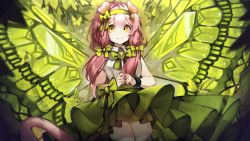 Rule 34 | 1girl, animal ears, arknights, black bracelet, bow, bowtie, bug, butterfly, butterfly wings, cat ears, cat girl, cat tail, collared shirt, cowboy shot, floppy ears, goldenglow (arknights), green bow, green bowtie, green skirt, green theme, green wings, highres, infection monitor (arknights), insect, insect wings, long hair, looking at viewer, low twintails, pink hair, ribiadan, shirt, skirt, smile, solo, tail, thighs, twintails, white shirt, wings, yellow eyes