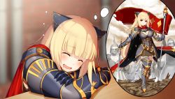 Rule 34 | 1girl, :d, animal ears, armor, army, blonde hair, blunt bangs, blurry, blurry background, blush, breasts, cape, cat ears, cleavage, closed eyes, dreaming, flag, game cg, gauntlets, hariko (x-overd), highres, holding, holding flag, holding sword, holding weapon, indoors, long hair, medium breasts, multiple views, official art, open mouth, red cape, red eyes, sitting, smile, standing, sword, thought bubble, weapon, x-overd