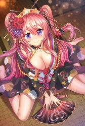 Rule 34 | 1girl, absurdres, airysher, bang (gesture), barefoot, blush, breasts, cleavage, collarbone, commentary, eyes visible through hair, finger gun, folding fan, hair ornament, hair stick, hand fan, heart, heart print, highres, japanese clothes, kuka (oedo) (princess connect!), kuka (princess connect!), large breasts, long hair, on floor, pink hair, princess connect!, purple eyes, sitting, smile, solo, tatami, tiara, two side up, wariza, wavy mouth, wide sleeves