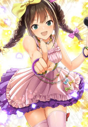Rule 34 | 1girl, blush, bow, bracelet, braid, brown hair, dress, frills, green eyes, hair bow, highres, idolmaster, idolmaster cinderella girls, jewelry, mk (mod0), necklace, open mouth, pikapikapop, pink thighhighs, pointing, pointing at viewer, shibuya rin, smile, solo, thighhighs, twin braids