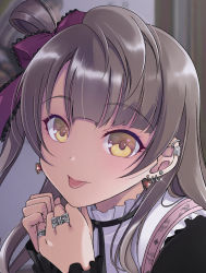 Rule 34 | 1girl, :p, alternate costume, brown hair, ear piercing, earrings, frilled shirt collar, frills, gothic lolita, hair ribbon, heart, heart earrings, highres, inui sekihiko, jewelry, lolita fashion, long hair, looking at viewer, love live!, love live! school idol project, minami kotori, one side up, piercing, ribbon, smile, solo, tongue, tongue out, yellow eyes