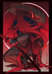 Rule 34 | 1boy, black socks, blood, blood on ground, blood stain, border, bridal gauntlets, chago (aruchagos7180), circle, copyright request, fate (series), fighting stance, fire, floating hair, from behind, full body, gradient background, grey hakama, hakama, hat, highres, japanese clothes, katana, kimono, light trail, long hair, long sleeves, male focus, okada izou (fate), outside border, ponytail, ready to draw, red background, red border, red hair, red theme, samurai, sandogasa, shoe soles, socks, solo, squatting, sword, torn clothes, torn sleeves, very long hair, waraji, weapon