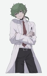 Rule 34 | 1boy, alternate costume, belt, closed mouth, collared shirt, crossed arms, green eyes, green hair, head tilt, hiyori sou, kimi ga shine, lab coat, long sleeves, looking at viewer, necktie, ponytail, shirt, simple background, smile, solo, uououoon, white background