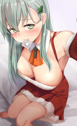 Rule 34 | 10s, 1girl, aqua hair, bare shoulders, blush, breasts, christmas, christmas tree hair ornament, cleavage, condom, condom in mouth, detached collar, detached sleeves, dress, green eyes, hair between eyes, hair ornament, highres, kantai collection, large breasts, mouth hold, neckerchief, on bed, reaching, reaching towards viewer, red dress, santa costume, selfie, smile, solo, suzuya (kancolle), untue