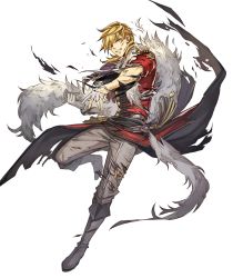 Rule 34 | 1boy, alternate costume, blonde hair, boots, clenched teeth, eldigan (fire emblem), epaulettes, feather boa, fire emblem, fire emblem: genealogy of the holy war, fire emblem heroes, full body, fur trim, gloves, highres, injury, male focus, matching hair/eyes, medium hair, nintendo, non-web source, official art, one eye closed, polearm, solo, spear, teeth, torn clothes, transparent background, weapon, white gloves, wince, yellow eyes