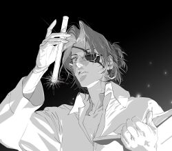 Rule 34 | 1other, absurdres, black background, book, collarbone, collared shirt, crack, cracked glass, eyepatch, from below, glasses, glint, gloves, glowing, greyscale, hair bun, hair intakes, hand up, hange zoe, highres, holding, holding book, holding vial, looking ahead, monochrome, one eye covered, parted bangs, parted lips, portrait, scar, scar on neck, shingeki no kyojin, shirt, short hair, simple background, single hair bun, solo, vial, yucouu