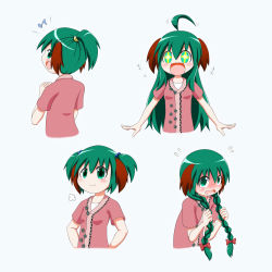 Rule 34 | +++, + +, 1girl, :3, :d, puff of air, ahoge, alternate hair length, alternate hairstyle, animal ears, arms up, blue background, blush, blush stickers, braid, commentary request, eighth note, embarrassed, floral print, flying sweatdrops, from behind, full-face blush, furrowed brow, green hair, hair between eyes, hair bobbles, hair ornament, hands on own hips, highres, holding, holding hair, kasodani kyouko, long braid, long hair, looking back, multiple views, musical note, open mouth, pink shirt, rakugaki-biyori, shirt, short hair, short ponytail, short sleeves, simple background, smile, standing, touhou, twin braids, twintails, upper body, very long hair, wavy mouth