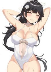 Rule 34 | 1girl, arms behind head, azur lane, black hair, bow, breasts, brown eyes, casual one-piece swimsuit, choker, covered navel, cowboy shot, flower, hair bow, hair flower, hair ornament, highleg, highleg swimsuit, large breasts, long hair, looking at viewer, navel, nuko (mikupantu), one-piece swimsuit, ponytail, solo, swimsuit, takao (azur lane), takao (beach rhapsody) (azur lane), very long hair, white bow, white flower, white one-piece swimsuit