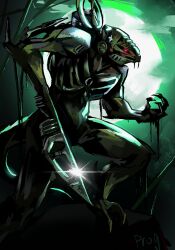 Rule 34 | 1boy, arm blade, bionicle, commentary, english commentary, fewer digits, glint, glowing, glowing eyes, green eyes, green theme, highres, looking ahead, male focus, matau (bionicle), prog ares, solo, the lego group, weapon