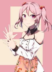 Rule 34 | 1girl, apron, counting, detached collar, floral print, frilled apron, frills, hair bobbles, hair ornament, highres, kantai collection, looking at viewer, official alternate costume, pink apron, pink eyes, pink hair, sazanami (kancolle), short hair, solo, sugamo (rainysnowy108), twintails, upper body