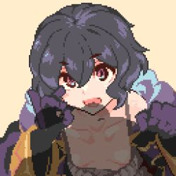Rule 34 | 1boy, 1girl, animated, animated gif, black hair, breasts, cleavage, fire emblem, fire emblem awakening, handjob, licking testicle, looking at viewer, looping animation, momiahair, morgan (female) (fire emblem), morgan (fire emblem), nintendo, pixel art, pov, purple eyes, short hair, simple background, small breasts, testicles, yellow background