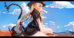 Rule 34 | 1girl, absurdres, ammunition, arms between legs, belt pouch, blonde hair, cloud, commentary request, day, desert, girls&#039; frontline, hat, helmet, highres, horns, in mouth, jacket, letterboxed, m870 (girls&#039; frontline), mechanical tail, orange eyes, pouch, sitting, solo, sweat, tail