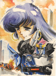 Rule 34 | 1980s (style), 1boy, 1girl, absurdres, blue hair, bluestreak (transformers), commentary, earrings, english commentary, explosion, highres, hinomars19, hoop earrings, huge filesize, jewelry, looking down, mecha, multiple persona, oldschool, parody, retro artstyle, robot, shoulder cannon, style parody, the transformers (idw), transformation, transformers