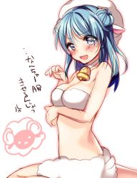 Rule 34 | 1girl, alternate costume, animal costume, animal ears, blue eyes, blue hair, breast hold, breast press, breasts, cosplay, double bun, eyes visible through hair, from side, goat costume, hair bun, hat, kantai collection, large breasts, looking at viewer, matching hair/eyes, midriff, morinaga kobato, off shoulder, parted bangs, sheep costume, sitting, solo, urakaze (kancolle), wariza, white hat