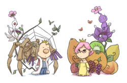 Rule 34 | 1boy, 1girl, alternate costume, bare shoulders, big nose, black eyes, blonde hair, blue footwear, blue pants, branch, brittany (pikmin), bug, butterfly, candypop bud, closed eyes, colored skin, commentary request, crown, dress, expressionless, flower, food, frilled dress, frills, fruit, fruit request, full body, fur-trimmed robe, fur-trimmed sleeves, fur trim, glasses, grapes, grey shirt, insect, ivory candypop bud, jewelry, king, kiwi (fruit), kiwi slice, leaf, lemon, long dress, long sleeves, looking at viewer, louie (pikmin), mosquito, naru (wish field), necklace, nintendo, no mouth, off-shoulder dress, off shoulder, on flower, open clothes, open robe, orange (fruit), orange butterfly, pants, parted lips, peach, pikmin (creature), pikmin (series), pink flower, pink hair, pointy ears, pointy nose, purple flower, purple pikmin, purple skin, queen, red-framed eyewear, red eyes, red robe, robe, shadow, shirt, shoes, short hair, silk, simple background, sitting, solid circle eyes, solid eyes, spider, spider web, standing, strawberry, titan dweevil, triangular eyewear, very short hair, violet candypop bud, white background, white flower, white pikmin, white skin, yellow crown, yellow dress