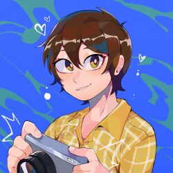 Rule 34 | 1girl, absurdres, brown eyes, brown hair, camera, commentary request, diforland, eyebrows hidden by hair, heart, highres, holding, holding camera, original, plaid, plaid shirt, riko ahry, shirt, short hair, smile, solo, upper body, yellow shirt
