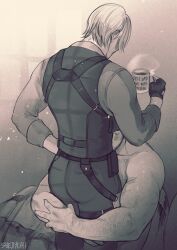 Rule 34 | 2boys, absurdres, artist name, ass, bara, chris redfield, couple, cup, fingerless gloves, gloves, highres, holding, holding cup, hug, large pectorals, leon s. kennedy, male focus, multiple boys, muscular, muscular male, pants, pectorals, resident evil, resident evil 6, shejiyeah, shirt, short hair, topless male, vest, yaoi
