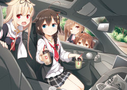 Rule 34 | 4girls, ahoge, black hair, black ribbon, black serafuku, blonde hair, blue eyes, blush, braid, breasts, brown eyes, brown hair, bubble tea, car, car interior, closed mouth, commentary request, cup, day, drink, drinking, drinking straw, hair between eyes, hair flaps, hair ornament, hair over shoulder, hair ribbon, hairband, hairclip, holding, holding cup, jewelry, kantai collection, light brown hair, long hair, looking at viewer, medium breasts, motor vehicle, multiple girls, murasame (kancolle), neckerchief, necklace, open mouth, peeking out, red eyes, red neckerchief, ribbon, sailor collar, scarf, school uniform, serafuku, shigure (kancolle), shiratsuyu (kancolle), single braid, smile, standing, tree, twintails, two side up, white scarf, yume no owari, yuudachi (kancolle)