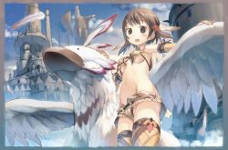Rule 34 | 1girl, animal, armband, bikini, blush, breasts, brown eyes, brown hair, building, castle, cloud, feather hair ornament, feathers, griffin, hair ornament, looking at viewer, low twintails, monster, navel, open mouth, original, painttool sai (medium), short hair, sky, small breasts, smile, solo, swimsuit, thighhighs, tougetsu gou, tribal, twintails, underboob