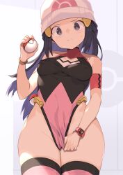 Rule 34 | 1girl, adapted costume, adjusting clothes, adjusting leotard, beanie, black hair, black leotard, blush, closed mouth, creatures (company), curvy, dawn (pokemon), embarrassed, game freak, grey eyes, hand up, hat, highleg, highleg leotard, highres, holding, holding poke ball, leotard, leotard pull, long hair, looking at viewer, nintendo, pink leotard, pink thighhighs, poke ball, poke ball print, pokemon, pokemon dppt, poketch, pulling own clothes, solo, spring2013, standing, sweatdrop, thighhighs, two-tone leotard, watch, white hat, wide hips, wristwatch