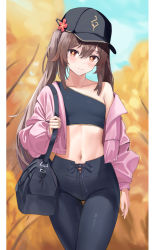 Rule 34 | 1girl, absurdres, alternate costume, bare shoulders, black hat, black pants, blush, breasts, brown hair, cherng, crop top, fashion, flat cap, genshin impact, hat, highres, hu tao (genshin impact), jacket, looking at viewer, midriff, navel, off shoulder, open clothes, open jacket, pants, pink jacket, red eyes, small breasts, smile, solo, stomach, tree, twintails
