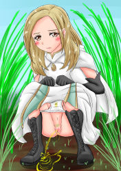 Rule 34 | 1girl, black footwear, black gloves, blush, boots, brown eyes, brown hair, cape, censored, dress, gloves, grass, highres, long hair, looking at viewer, navel, octopath traveler, octopath traveler i, ophilia (octopath traveler), panties, panty pull, pee stain, peeing, pubic hair, puddle, pussy, sky, sleeveless, sleeveless dress, squatting, stained panties, umi (pixiv 998325), underwear, wet, wet clothes, wet panties, white cape, white dress, white panties