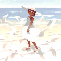 Rule 34 | 1girl, animal, barefoot, beach, bird, bow, brown bow, brown eyes, brown hair, dark skin, dark-skinned female, dress, full body, hat, hat bow, highres, looking at viewer, md5 mismatch, namito, original, outdoors, side ponytail, sleeveless, sleeveless dress, solo, standing, sun hat, sundress, water, white dress