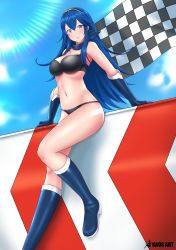 Rule 34 | 1girl, absurdres, alternate costume, bikini, black bikini, blue eyes, blue hair, blush, boots, breasts, cape, checkered flag, fire emblem, fire emblem awakening, flag, gloves, hair between eyes, highres, jewelry, kaos art, long hair, looking at viewer, lucina (fire emblem), navel, nintendo, outdoors, race queen, scarf, simple background, smile, solo, swimsuit, symbol-shaped pupils, tiara, very long hair