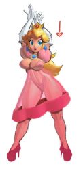 Rule 34 | 1girl, arms up, blonde hair, blue eyes, breasts, cleavage, dress, heart, heels, large breasts, legs, long hair, looking at viewer, mario (series), navel, nintendo, open mouth, princess, princess peach, see-through, solo, super mario bros. 1, thick thighs, thighs, thong, whiteflagman